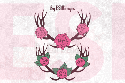 Boho Style, Deer antlers and Rose - SVG, DXF, EPS & PNG - Cutting files, Clipart & Printables