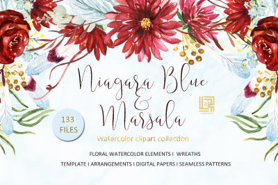 Marsala and Niagara blue flowers.