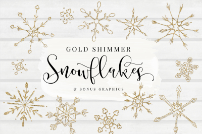 Gold Shimmer Snowflakes, Gold Glitter Snowflakes, Bonus Watercolor shapes & Gold Glitter Texture