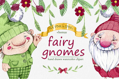 hand drawn watercolor fairy gnomes
