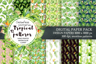 Tropical patterns Digital paper Seamless pattern Watercolor tropical leaves and flowers clipart.&nbsp;