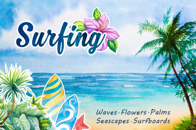 Surfing. Watercolor set.