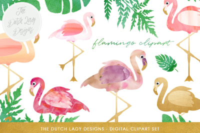 Flamingo &amp; Tropical Leaf Clipart Set
