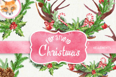 Christmas Deer. Watercolor deers, antlers, bullfinches, hand painted clipart, rustic, reindeer, invite, diy clip art, New Year, horns