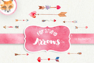 Arrows cupid&#039;s, Hand Drawn Watercolour Clipart. DIY elements, hearts, flowers, invite, tribal arrows, transparent, digital png