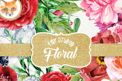 Garden Flowers Hand Painted Watercolor Clipart Clip Art - Personal and Commercial Use peony ranunculus posy blossom rose red pink green