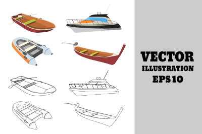 Set of Cartoon and Outline Boats.