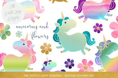 Cute Unicorn &amp; Flower Clipart Set