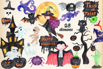 Watercolor Kids Halloween Clipart