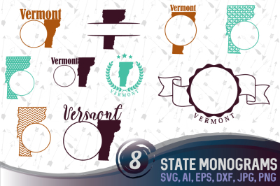 8 Vermont monograms - cutting files, SVG, PNG, JPG, EPS, AI, DXF