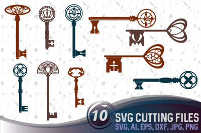 10 vector vintage keys -  cutting files, SVG, PNG, JPG, EPS, AI, DXF