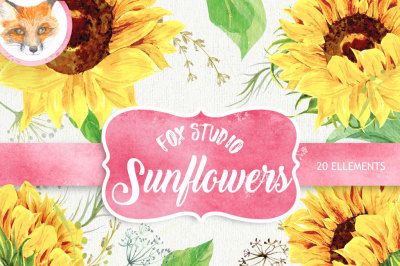 Sunflower Watercolor Flower clipart, Separate elements, Hand painted, DIY Clip Art, Summer Herb, floral invitation, greeting card, PNG files