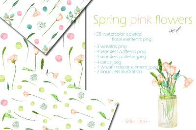 Spring pink flowers set