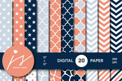 Coral and navy blue digital paper, BU-61