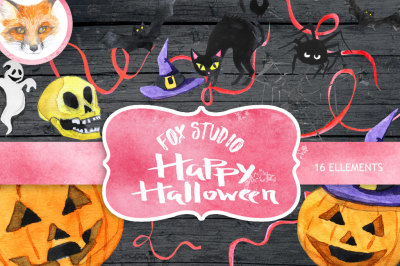 Halloween watercolor clipart, Autumn, Pumpkin, fall, holiday, party, hats, lamp, spider, bat, hand painted, scrapbook, DIY, greeting card