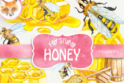Watercolor Honey Bee Clipart, Honeycomb, Hand painted digital clip art instant download, DIY invites, Scrapbooking, Summer yellow colors