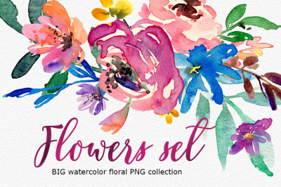 Bright watercolor flowers BIG set