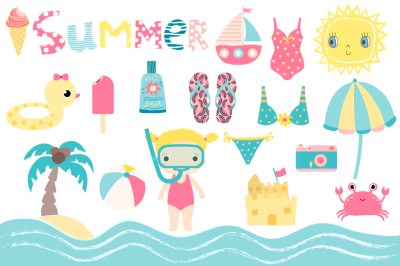 Cute summer clipart, Kids beach holiday set, snorkel girl, sun