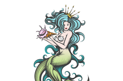 Beauty blue haired siren mermaid with golden crown with seashell in her hands