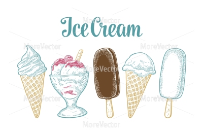 Set and seamless pattern with ice cream in the cone, bowl, on wood stick with chocolate and without