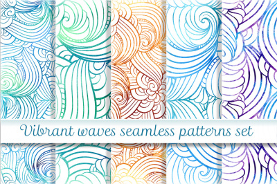 Vibrant waves seamless patterns set