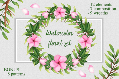 Watercolor floral wreaths, elements