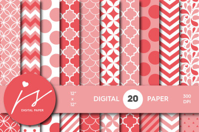 Pink digital paper with stripes, polka dots,chevron, mermaid and triangle patterns, MI-479