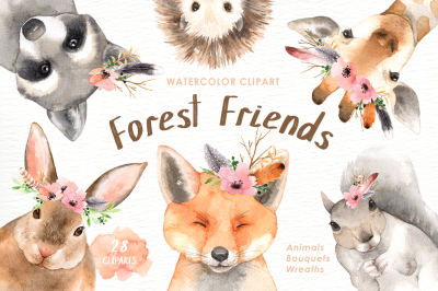 Forest Friends Watercolor Clip Art