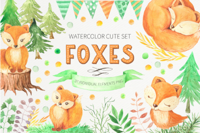 Watercolor Cute Foxes and Floral Set