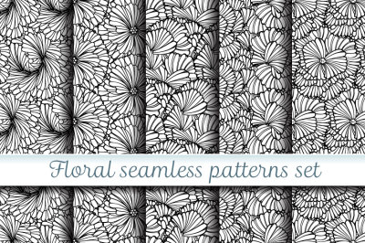 Black and white floral seamless patterns set