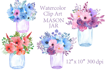 Watercolor floral clipart Mason Jars 