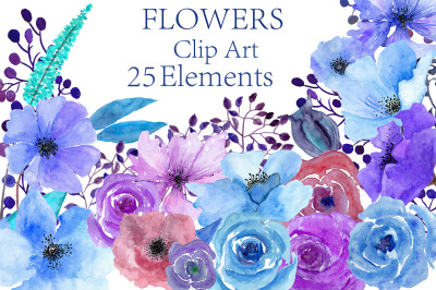 Watercolor blue flowers clipart