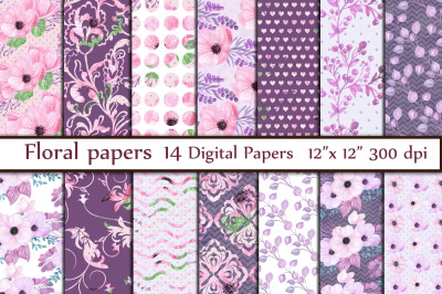 Pink Floral digital paper pack