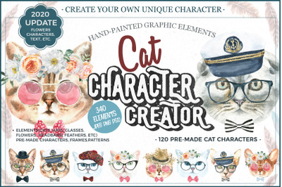 Watercolor Cat Character Creator. Animal illustration Clipart