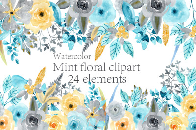 Watercolor Mint Floral clipart 