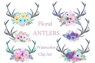 Watercolor floral antlers clipart 