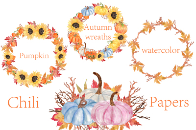 Watercolor Pumpkin Wreaths Clipart