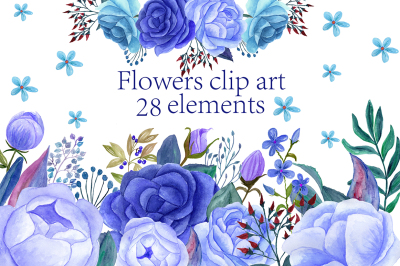 Watercolor blue flowers clip art
