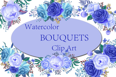 Blue Watercolor bouquets clip art