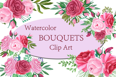 Pink Watercolor bouquets clip art