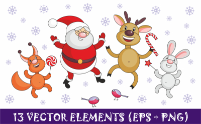 Santa Claus and cheerful animals. Christmas clip arts.