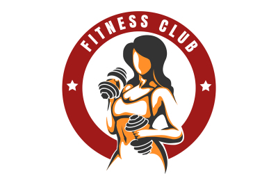 Fitness and Bodybuilding Colorful emblem with Woman Holding Weight