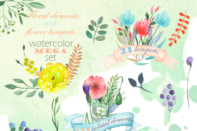 Watercolor floral MEGA set