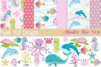 Girls Sea Animals Clipart and Digital Paper Set