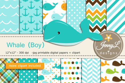 Whale Boy Digital Papers & Clipart SET