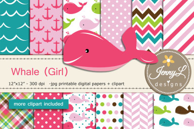 Whale Girl Digital Papers & Clipart SET