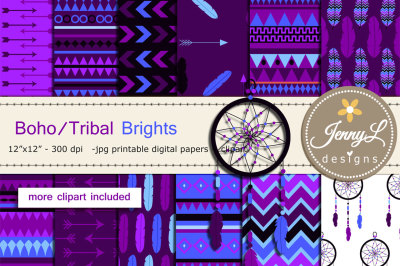 Tribal Boho feather Digital Papers & Clipart SET