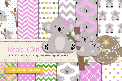 Koala Girl Digital Papers & Clipart SET