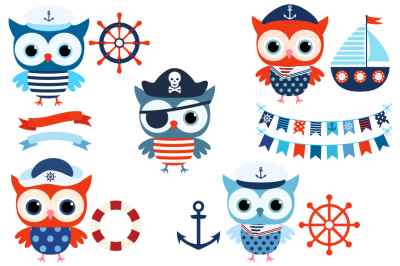 Boy nautical owl clipart, Cute sailor owls clip art, Pirate owl, boat, blue red navy