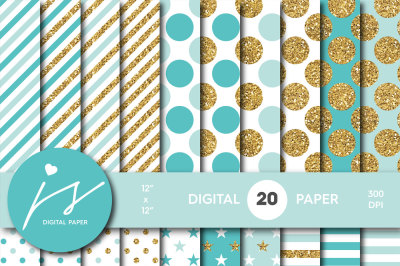 Turquoise and Mint gold digital paper, Glitter digital paper, Gold polka dots, stripes, stars, MI-752